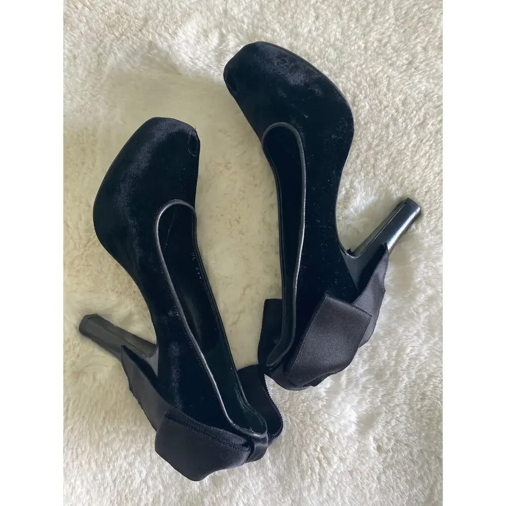 Nannette Lapore Peep Toe Ribbon Bow Tie Black Velvet Heels Sz‎ 8
